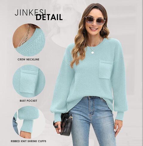 JINKESI Women's Casual Long Sleeve Sweaters Loose Crewneck Knit Solid Oversized Pullover Sweater Trendy Outfits in Saudi Arabia