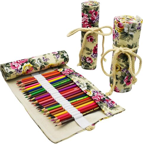 Flowers Colored Pencil Wrap Case Canvas Roll Up Holders Sketch Peony Pencils Organizers for Artist Adult Coloring Travel Storage With 72 Slots(Spring) in Saudi Arabia