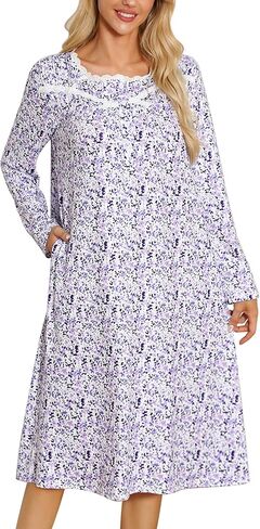 Marvmys Women Long Sleeve Nightgowns Cotton House Dress with Pockets Soft Nightshirt Sleepwears in Kuwait