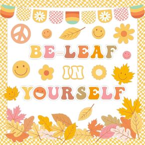 Fall Bulletin Board Decorations Set Groovy Fall Classroom Decor Hippie Be Leaf in Yourself Leaves Motivational Autumn Classroom Cutouts Wall Decor for Thanksgiving Chalkboard Supplies