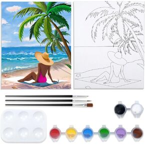 Nuberlic 8x10 Canvas Painting Kit Pre Drawn Canvas for Painting Sip and Paint for Adults Birthday Gift Summer Beach Woman Theme Painting Kit DIY Adult Party Favor