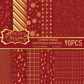 MIAHART 90 Sheets Merry Christmas Pattern Paper Set 10 Designs A5 Size Festival Decorative Craft Paper for Card Making Scrapbook (Black & Gold, A5-90)