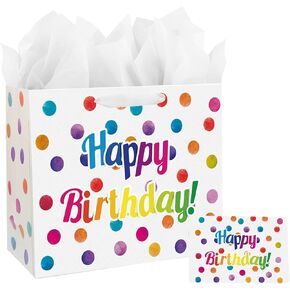 13" Large Happy Birthday Gift Bag with Card and Tissue Papers for Kids with Handles (Dots)