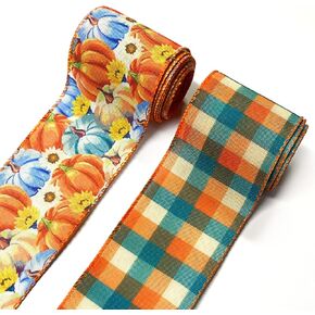 2 Rolls Fall Pumpkin Craft Ribbons for Wreath Bows, Thanksgiving Wired Edge Ribbons Orange Burlap Ribbon Autumn Sunflower Wired Ribbons for Crafting Sewing DIY Crafts Supplies 10 Yards