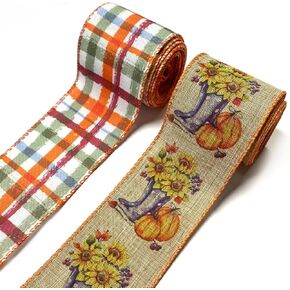 2 Rolls Fall Pumpkin Craft Ribbons for Wreath Bows, Thanksgiving Wired Edge Ribbons Orange Burlap Ribbon Autumn Sunflower Wired Ribbons for Crafting Sewing DIY Crafts Supplies 10 Yards in Kuwait