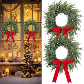 2 Pcs Light Up Christmas Norfolk Pine Wreaths with Bow 20 Inch Lighted Real Touch Xmas Wreaths Pre-Lit LED Artificial Realistic Wreath for Indoor Outdoor Windows Porch Wall Home Decor