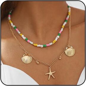 Gold Starfish Necklace White Starfish Earrings Studs Blue Beach Necklaces for Women Starfish Jewelry Ocean Necklace Beach Jewelry Summer Necklaces Shell Necklaces
