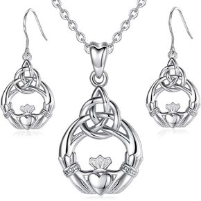 INFUSEU Sterling Silver Irish Celtic Claddagh Jewelry Set for Women, Dangle Earrings & Pendant Necklace with 18" Chain