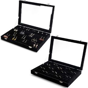 Frebeauty Jewelry Organizer Tray with Clear Lid Velvet Jewelry Storage box with Transparent Glass lid (Black, 2 set)