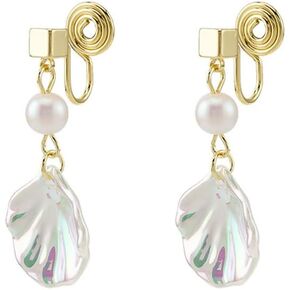Clip on Sea Shell Pearl Fake Stud Dangle Drop Earrings for Women Non Pierced Ear Cuff Wrap Dangling Lightweight Hypoallergenic Fashion Jewelry Seaside Summer Holiday Gift