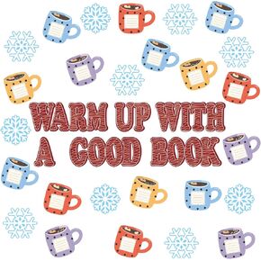 70 Pcs Snowflake Bulletin Board Cutouts Set Winter Christmas Snowflake Snowman Penguins Hot Cocoa Accent Cut Outs Classroom Decoration for Winter Christmas School Home Door Wall (Hot Cocoa Style)