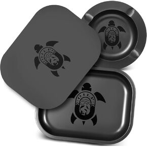 Black Cool Rolling Tray with Magnetic Lid & Ashtray for Cigarettes Cigars Outside Patio Outdoor Home Cute Decor,Metal Ash tray Set for Storage or Travel- Set of 3 (Funny Turtle Design)