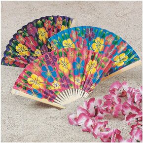 Fun Express - Hibiscus Print Folding Fans for Party - Party Supplies - Favors - Fans - Party - 12 Pieces