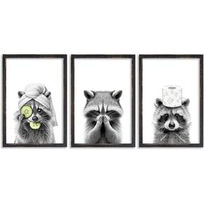 Adorable Raccoon Bathroom Wall Art Decor Set of 3 16x11 Inch Modern Funny Bathroom Sign Wood Framed Rustic Farmhouse Interestring Washroom Animal Prints Wall Hanging (Black)