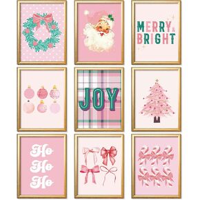 AnyDesign Pink Christmas Wall Art Prints Vintage Santa Xmas Tree Posters Merry Bright Paper Wall Arts for Living Room Bedroom Decor, 9 Sheet, 8 x 10 Inch, Unframed