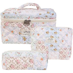 Makeup Bag, 3 PCS Quilted Makeup Bag, Cute Floral Cotton Cosmetic Bag set, Coquette Makeup Pouch Large Travel Toiletry Bag