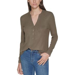 Calvin Klein Womens Split Neck Ribbed Henley Green XL, brown