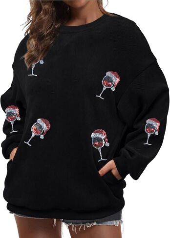 Merry Christmas Sweatshirt Women Christmas Sequin Tops Hoodie Christmas Party Pullover with Pockets in Saudi Arabia