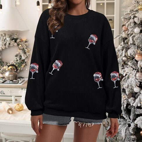 Merry Christmas Sweatshirt Women Christmas Sequin Tops Hoodie Christmas Party Pullover with Pockets in Saudi Arabia