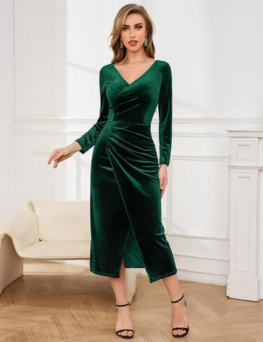 Gardenwed Womens Long Sleeve Velvet Maxi Dress Plus Size Wrap V Neck Long Formal Evening Cocktail Party Dress in Saudi Arabia