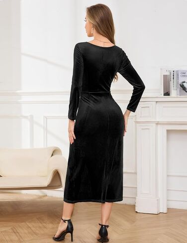 Gardenwed Womens Long Sleeve Velvet Maxi Dress Plus Size Wrap V Neck Long Formal Evening Cocktail Party Dress in Saudi Arabia