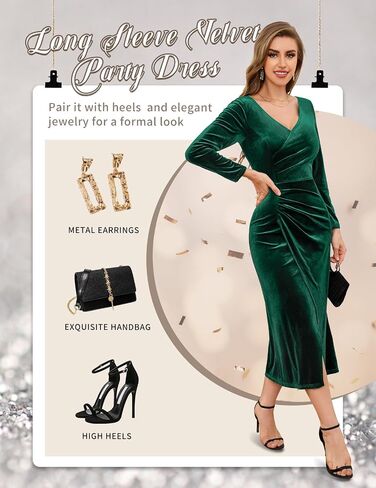 Gardenwed Womens Long Sleeve Velvet Maxi Dress Plus Size Wrap V Neck Long Formal Evening Cocktail Party Dress in Saudi Arabia