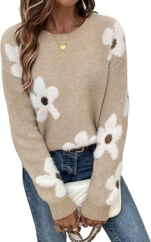 SHENHE Women's Floral Pattern Crewneck Long Sleeve Drop Shoulder Sweaters Pullover Tops in Saudi Arabia