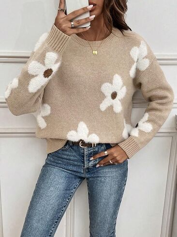 SHENHE Women's Floral Pattern Crewneck Long Sleeve Drop Shoulder Sweaters Pullover Tops in Saudi Arabia
