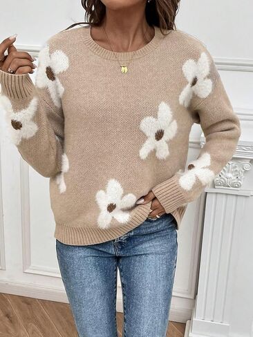 SHENHE Women's Floral Pattern Crewneck Long Sleeve Drop Shoulder Sweaters Pullover Tops in Saudi Arabia