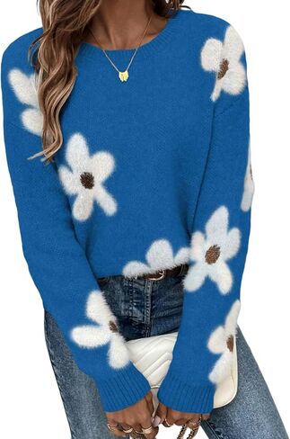 SHENHE Women's Floral Pattern Crewneck Long Sleeve Drop Shoulder Sweaters Pullover Tops in Saudi Arabia