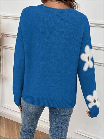 SHENHE Women's Floral Pattern Crewneck Long Sleeve Drop Shoulder Sweaters Pullover Tops in Saudi Arabia