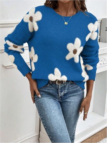 SHENHE Women's Floral Pattern Crewneck Long Sleeve Drop Shoulder Sweaters Pullover Tops in Saudi Arabia