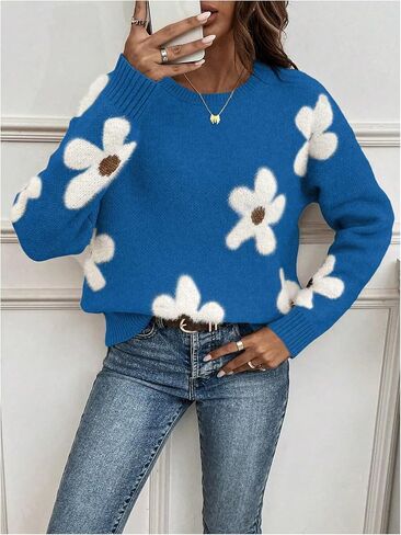 SHENHE Women's Floral Pattern Crewneck Long Sleeve Drop Shoulder Sweaters Pullover Tops in Saudi Arabia