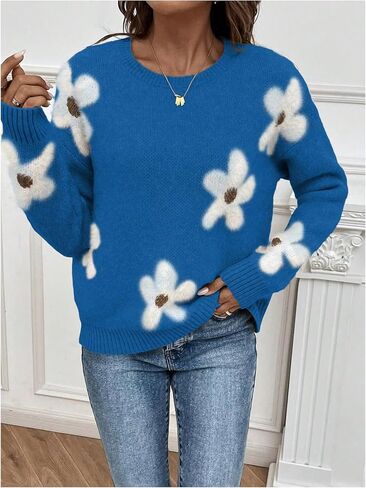 SHENHE Women's Floral Pattern Crewneck Long Sleeve Drop Shoulder Sweaters Pullover Tops in Saudi Arabia