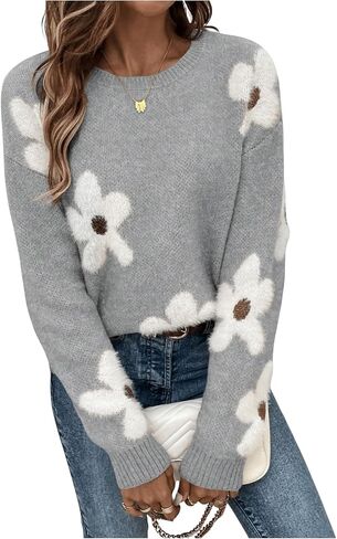 SHENHE Women's Floral Pattern Crewneck Long Sleeve Drop Shoulder Sweaters Pullover Tops in Saudi Arabia