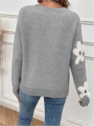SHENHE Women's Floral Pattern Crewneck Long Sleeve Drop Shoulder Sweaters Pullover Tops in Saudi Arabia
