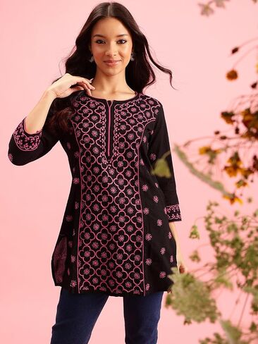 Ada Hand Embroidered Indian Chikankari Cotton tunic Top Short Kurti for Women A911370 in Saudi Arabia