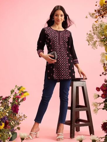 Ada Hand Embroidered Indian Chikankari Cotton tunic Top Short Kurti for Women A911370 in Saudi Arabia