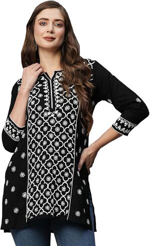 Ada Hand Embroidered Indian Chikankari Cotton tunic Top Short Kurti for Women A911370 in Saudi Arabia