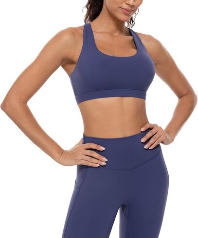 Lavento Women's Active Sculpt U-Neck Sports Bra - Asymmetrical Crisscross Back Padded Workout Yoga Bra in Kuwait