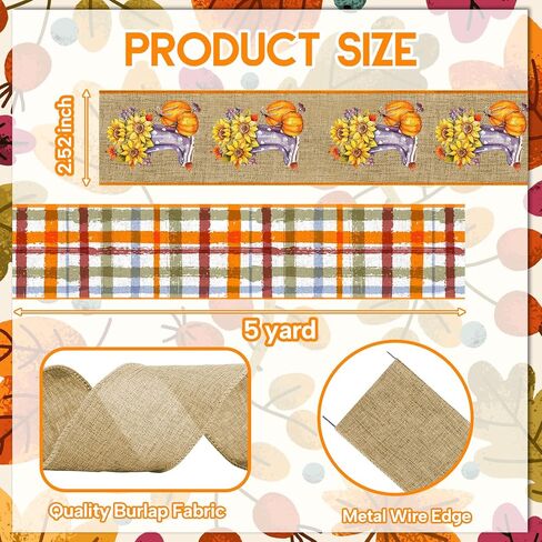 2 Rolls Fall Pumpkin Craft Ribbons for Wreath Bows, Thanksgiving Wired Edge Ribbons Orange Burlap Ribbon Autumn Sunflower Wired Ribbons for Crafting Sewing DIY Crafts Supplies 10 Yards in Kuwait