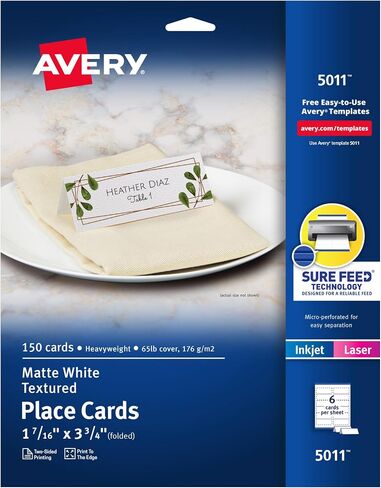 بطاقات مكان قابلة للطباعة من Avery مع تقنية التغذية المؤكدة، 1-7/16 بوصة × 3-3/4 بوصة، عاجي مزخرف، 150 بطاقة خيمة فارغة لطابعات الليزر أو الطابعات النافثة للحبر (5012) in Saudi Arabia