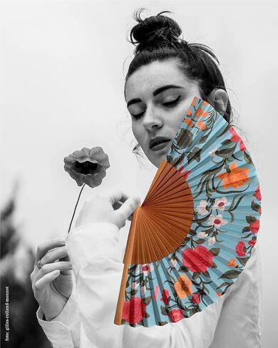 Rocío Hand Fan | Handcrafted Spanish Hand Fan | Cotton Fabric and Wood | Includes Protective Jute Cotton Bag | Authentic Gift | 23cm - 9". in Kuwait