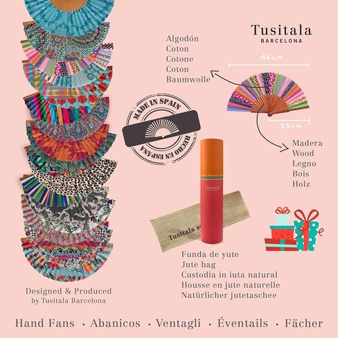 Rocío Hand Fan | Handcrafted Spanish Hand Fan | Cotton Fabric and Wood | Includes Protective Jute Cotton Bag | Authentic Gift | 23cm - 9". in Kuwait