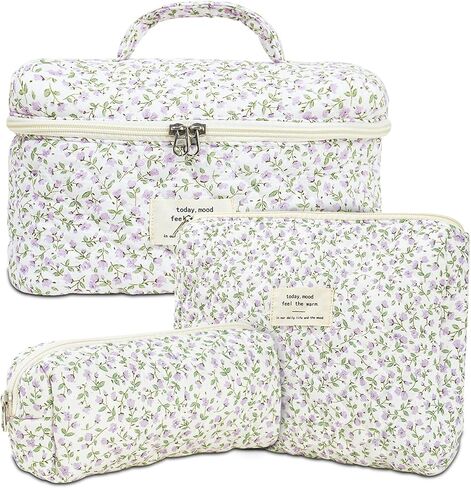 Makeup Bag, 3 PCS Quilted Makeup Bag, Cute Floral Cotton Cosmetic Bag set, Coquette Makeup Pouch Large Travel Toiletry Bag in Saudi Arabia