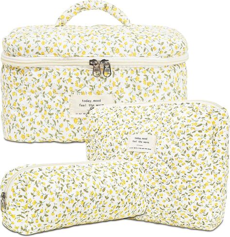 Makeup Bag, 3 PCS Quilted Makeup Bag, Cute Floral Cotton Cosmetic Bag set, Coquette Makeup Pouch Large Travel Toiletry Bag in Saudi Arabia