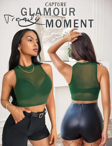 Avidlove Sexy Mesh Crop Top for Women Sleeveless Sheer High Neck Tops See Through Tank Blouses Shirts in Saudi Arabia