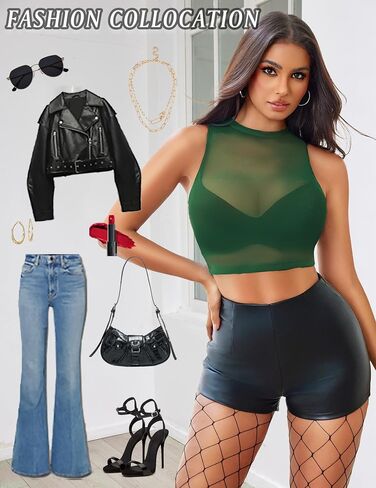 Avidlove Sexy Mesh Crop Top for Women Sleeveless Sheer High Neck Tops See Through Tank Blouses Shirts in Saudi Arabia