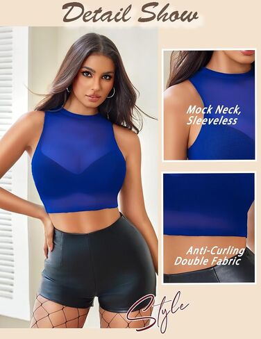 Avidlove Sexy Mesh Crop Top for Women Sleeveless Sheer High Neck Tops See Through Tank Blouses Shirts in Saudi Arabia