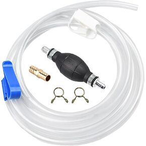 Gasoline Siphon Hose, Portable Hand Fuel Transfer Pump for Gas Oil Water, Manual Gas Siphon Pump with 2 Durable PVC Hoses, Pinch Clip, Hose Retainer, Brass Extender